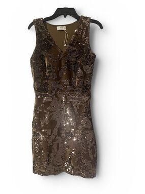 Kazo sequined brown V-neck sleeveless sheath dress.